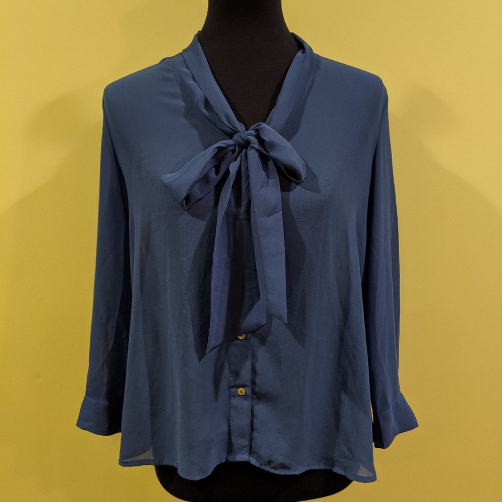 Blue Sheer Button Down Blouse with Neck Tie